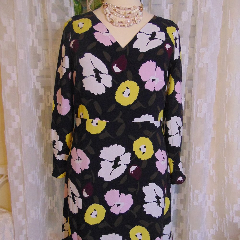 Navy Dress with Flowers Ruffled Sleeves